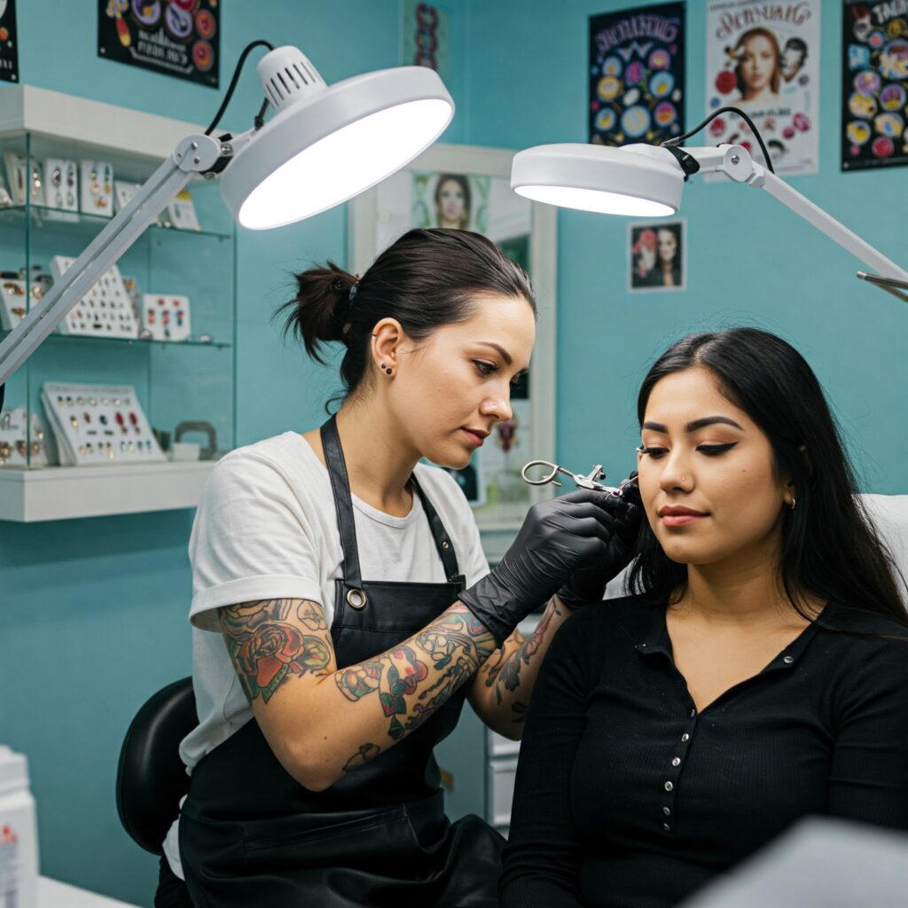 פירסרים מבצעת פירסינג ללקוחה בסטודיו - קורס פירסינג