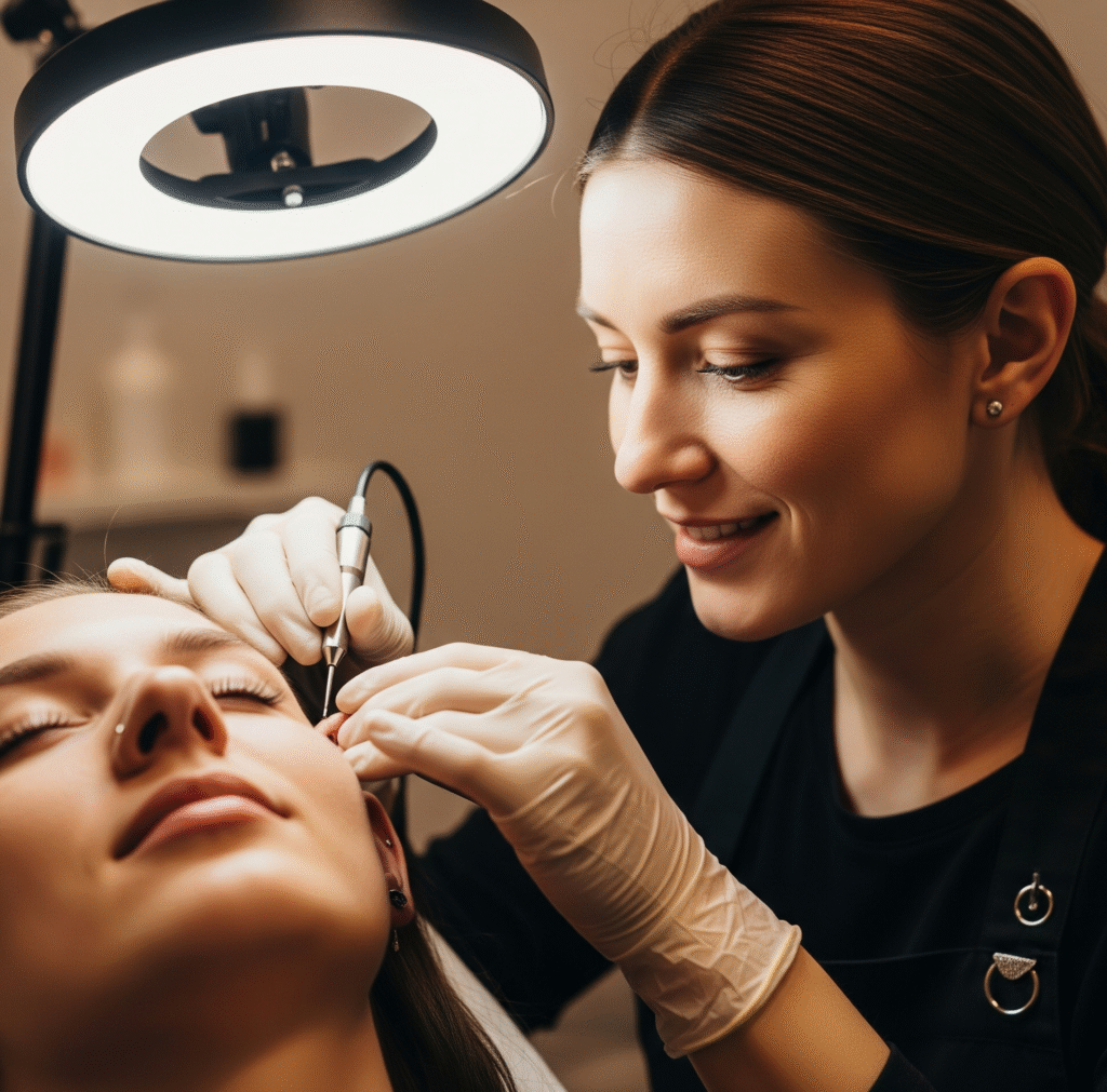 פירסרית מבצעת פירסינג ללקוחה