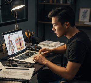 בחור לומד קורס קעקועים אונליין במחשב