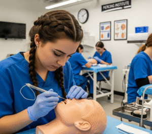 תלמידה מתאמנת על ראש סיליקון במסגרת קורס פירסינג