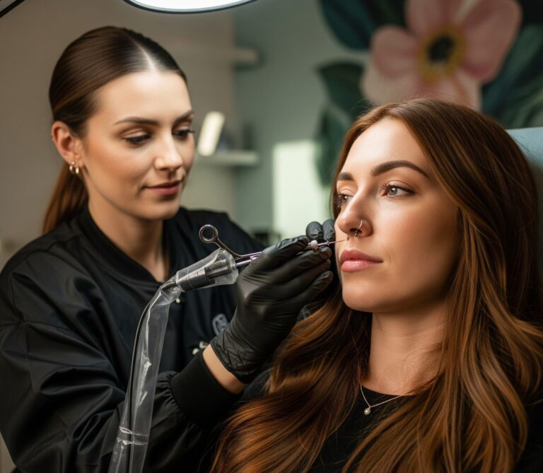 פירסרית מבצעת פירסינג ללקוחה