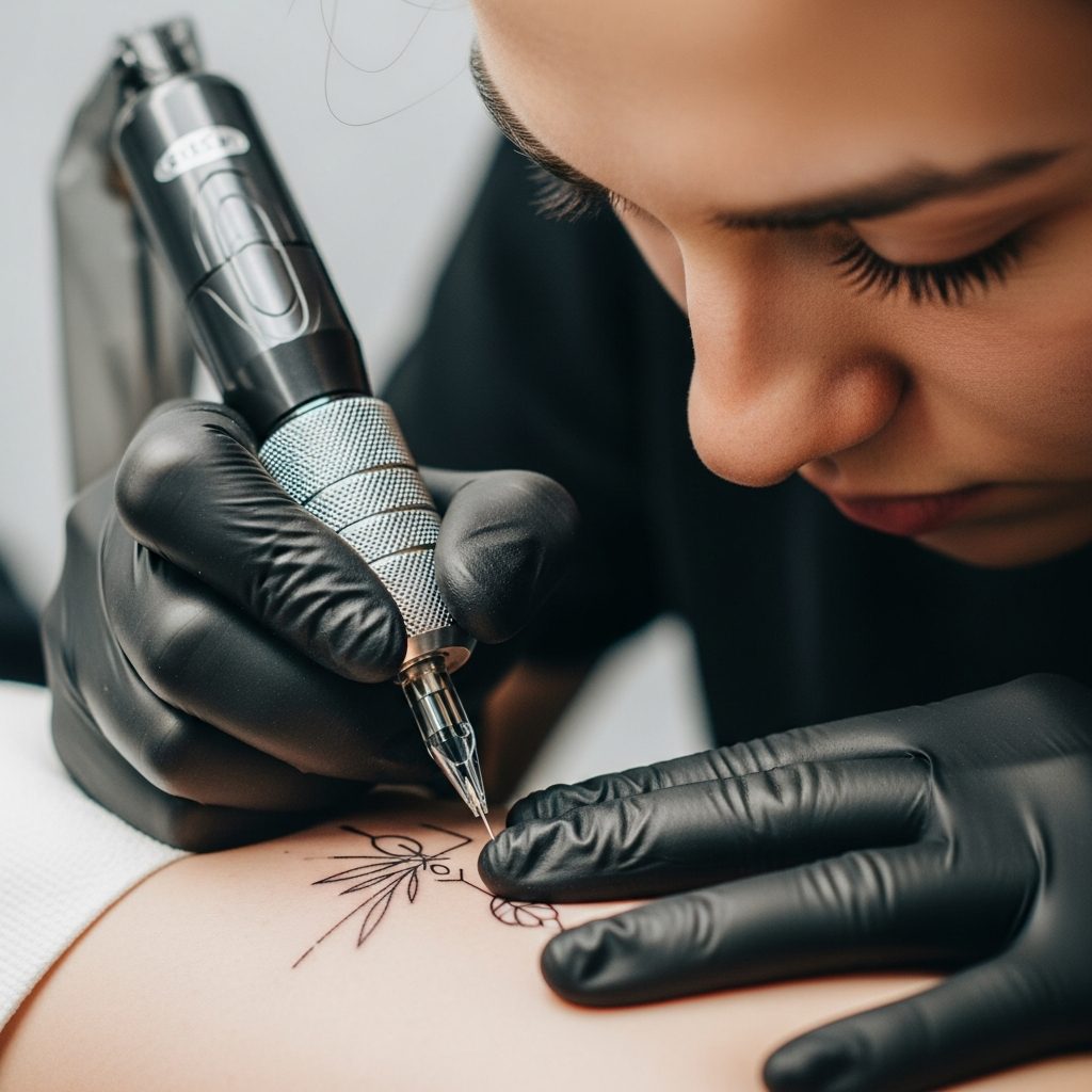 תלמידה בקורס קעקועים מסוג פיין ליין לקעקוקעים קטנים מבצעת קעקוע קווים