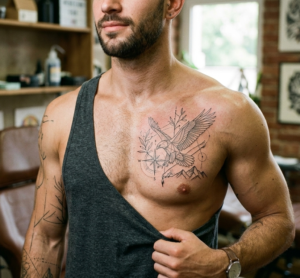 קעקוע בסגנון פיין ליין - קווים על חזה גברי