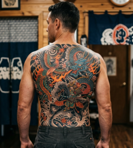 קעקוע יפני צבעוני על כל הגב