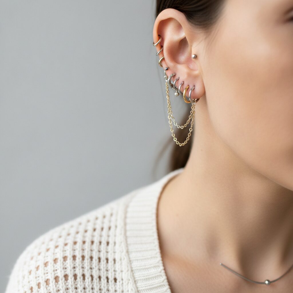דוגמה לפרויקט Ear Curation עם שילוב של פירסינג בכל הגוף על האוזן